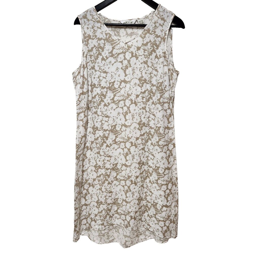 Orvis Linen Shift V Neck Tank Dress Womens  Tan White Floral Medium 10/12